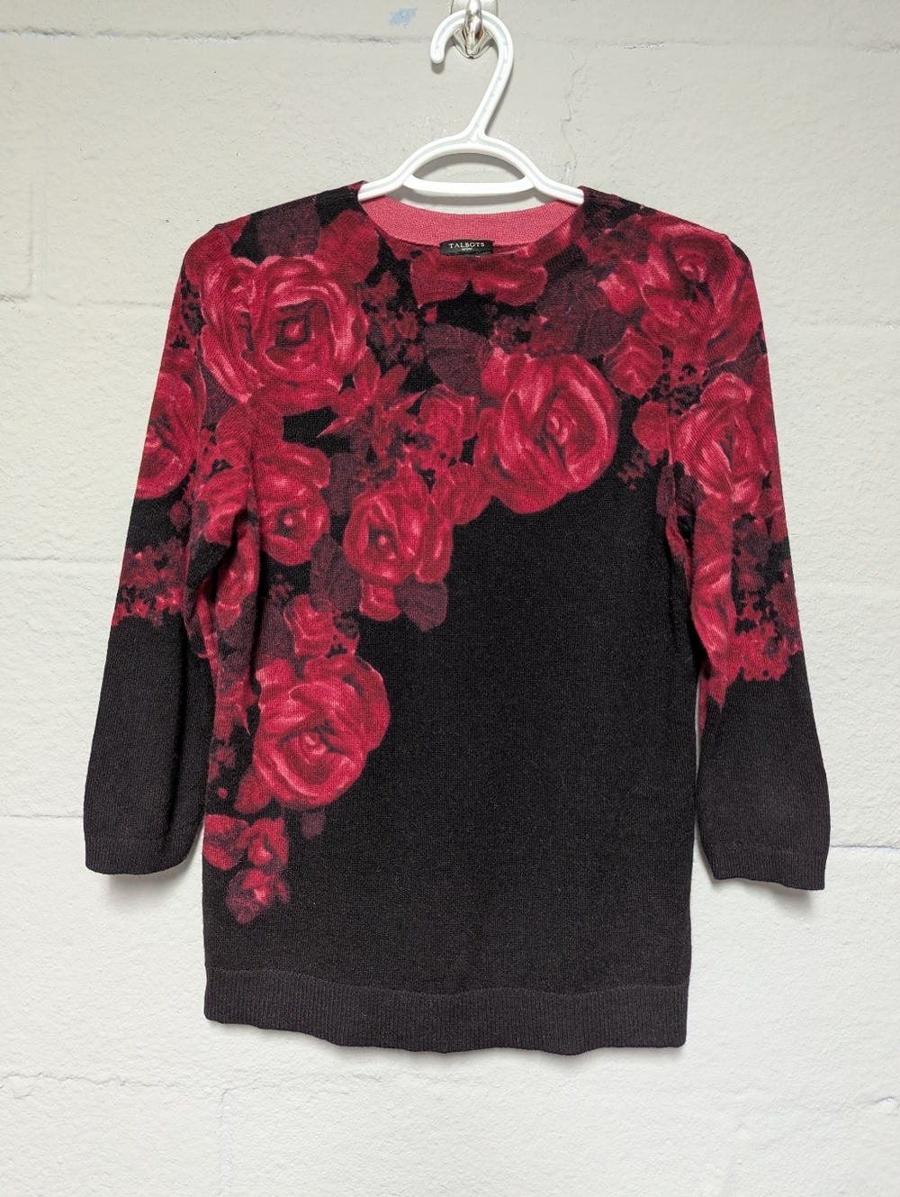 Talbots Cashmere Sweater Size M Rose Print 3/4 Sleeve Pullover